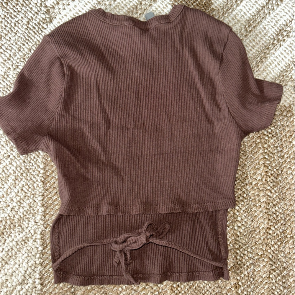 Brown Ribbed Short Sleeve Top - Picture 3 of 4
